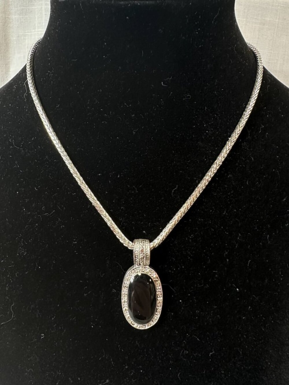 Vintage Silver Tone Necklace with Large Black Pendant